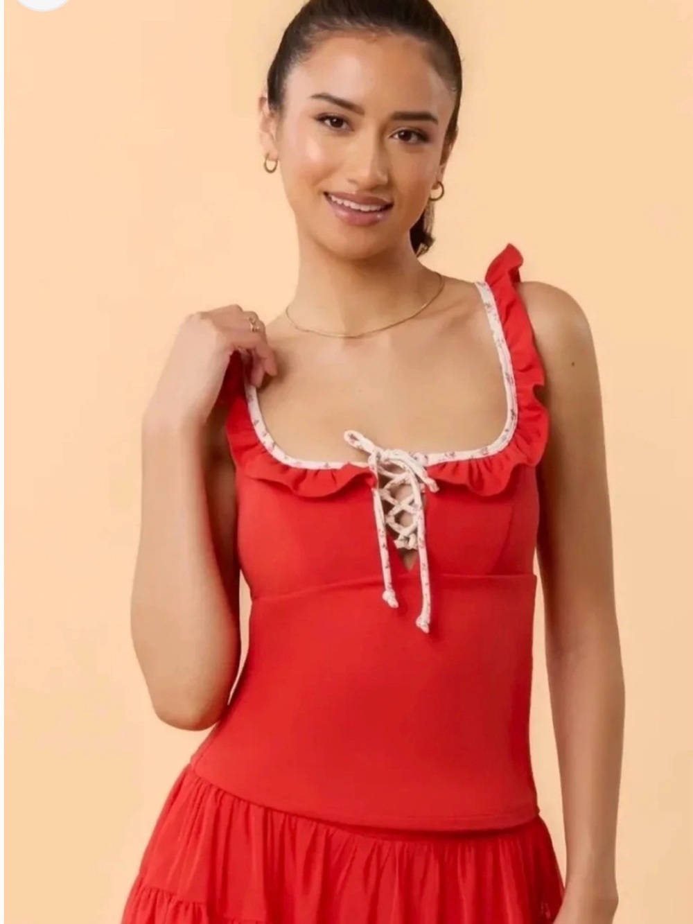 Blogilates Ruffle Lace Up Tank Top Red Size Large NWT